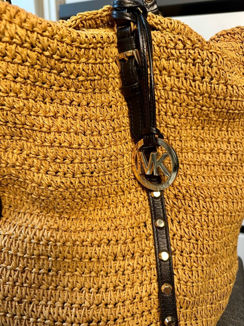 Michael Kors Mustard Yellow Woven Tote with Black Trim - Picture 3 of 14